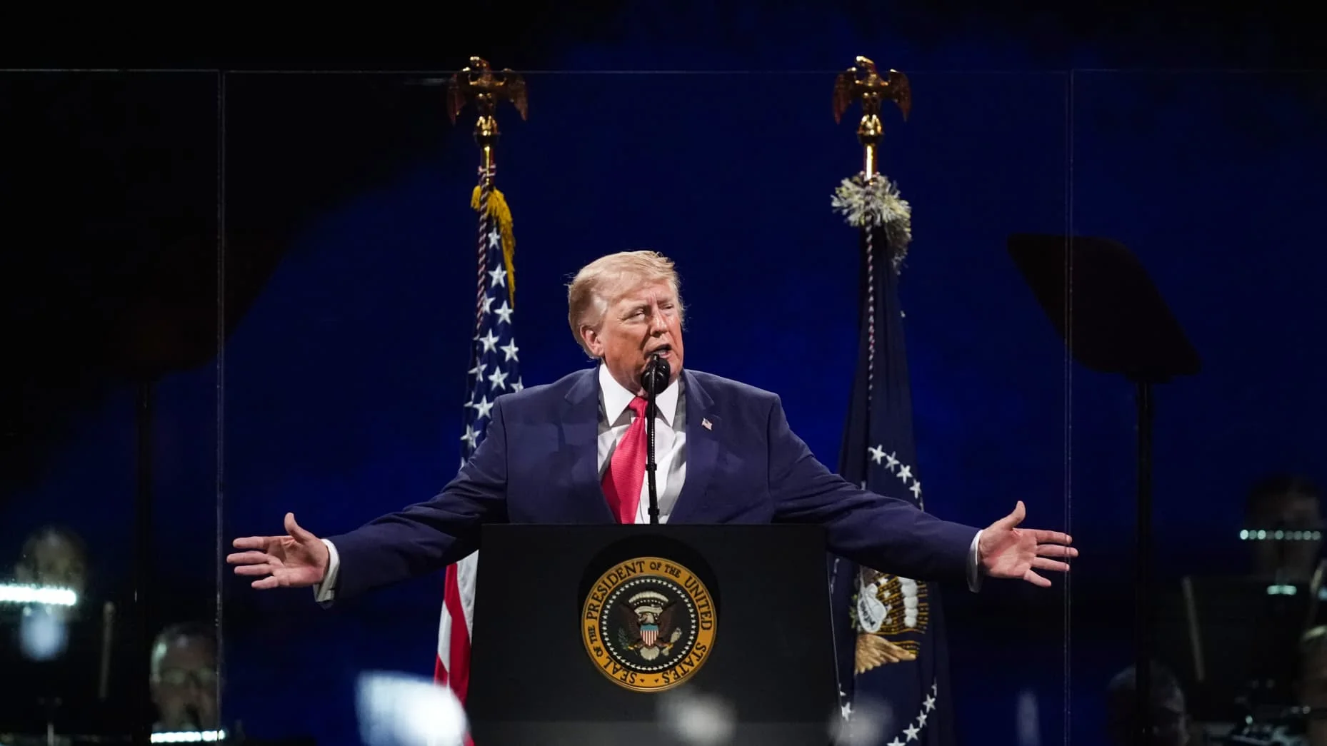 WASHINGTON, DC - JULY 04: U.S. President Donald Trump speaks during “Salute to America 250” Fourth of July celebrations on the National Mall on July 04, 2026 in Washington, DC.